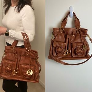 ELLIOTT LUCCA Tote Handbag Satchel Genuine Leather Cognac Brown Gold Hardware